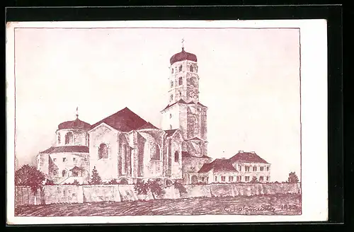 Künstler-AK Rieden-Vorkloster /Vorarlberg, Krieger-Gedächtniskirche Maria Hilf