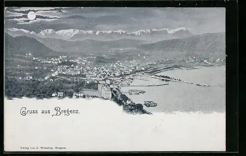 Mondschein-AK Bregenz, Panorama mit Mondschein