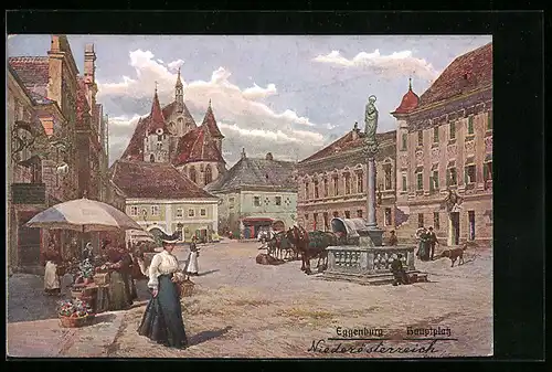 Künstler-AK Eggenburg, Hauptplatz mit Markt