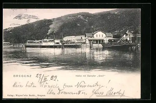 AK Bregenz, Hafen mit Dampfer Greif