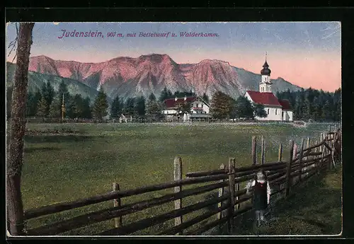 AK Judenstein, Ortspartie mit Kirche, Bettelwurf und Walderkamm