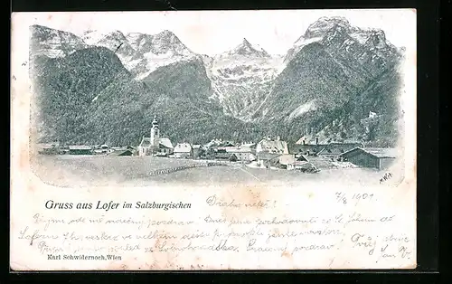 AK Lofer, Gesamtansicht vor Bergkulisse