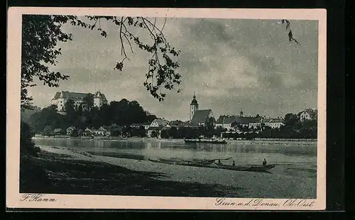 AK Grein a. d. Donau, Ortspartie mit Ruderbooten im Wasser