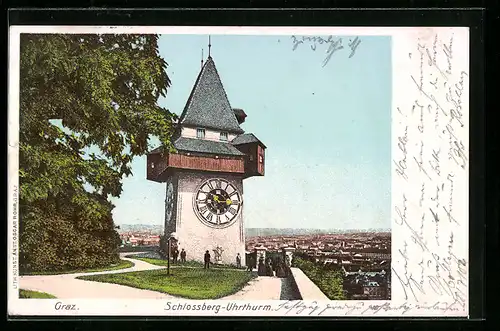AK Graz, Schlossberg-Uhrthurm mit Besuchern