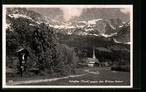 AK Scheffau, Ortsansicht gegen den Wilden Kaiser