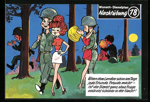 Künstler-AK Bundeswehrsoldaten bei einer Nachtübung mit jungen Frauen