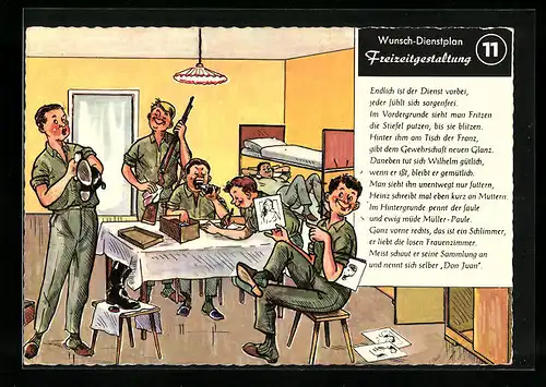 AK Bundeswehr-Freizeitgestaltung 11: Soldaten im Feierabend beim Stiefel & Gewehr putzen