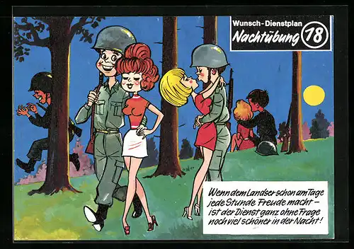 Künstler-AK Soldaten der Bundeswehr bei einer Nachtübung mit jungen Frauen