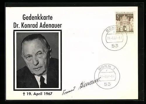 AK Gedenkkarte für Dr. Konrad Adenauer, gestorben am 19.04.1967