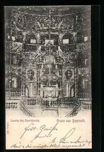 AK Bayreuth, Inneres des Opernhauses mit Kronleuchter
