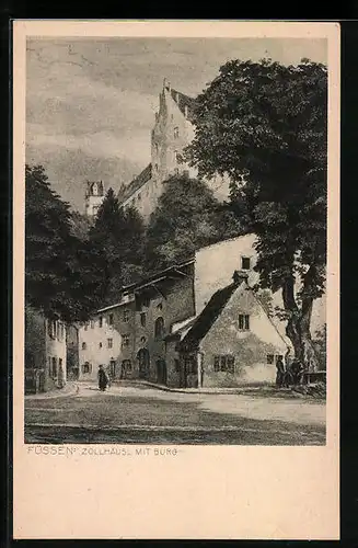 Künstler-AK Füssen, Strassenpartie am Zollhäusl mit Burg