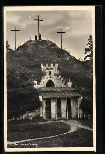 AK Füssen, Blick zum Kalvarienberg mit Nonnen und Kreuz