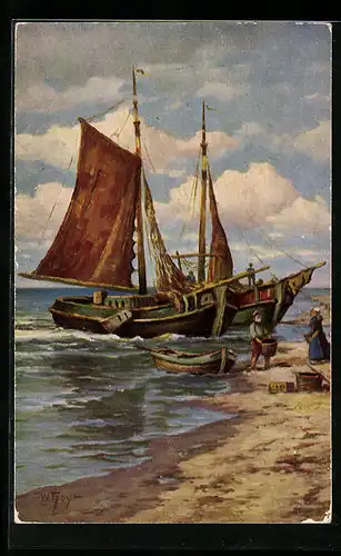 Ölgemälde-Imitations-AK Degi Nr. 1267: Fischerboote am Strand
