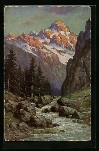 Ölgemälde-Imitations-AK Degi Nr. 1291: Gletscherbach vor Berggipfel