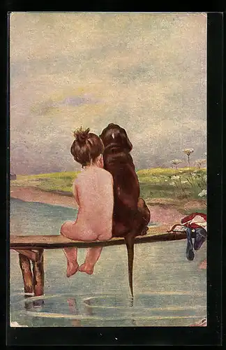 Ölgemälde-Imitations-AK Degi Nr. 931: Freunde, Hund und Kind am Wasser