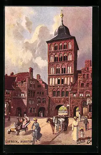 Künstler-AK Raphael Tuck & Sons: Lübeck, Pferdewagen und Auto am Burgtor