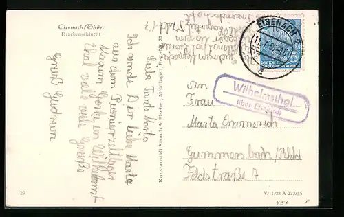 AK Landpoststempel Wilhelmsthal über Eisenach