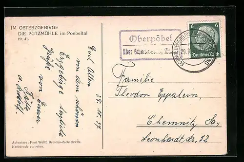 AK Landpoststempel Oberpöbel über Schmiedeberg (Bz. Dresden)