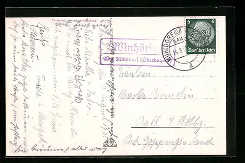 AK Landpoststempel Winhöring über Mühldorf (Oberbayern)