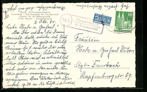 AK Landpoststempel Huzenbach (Kr Freudenstadt)