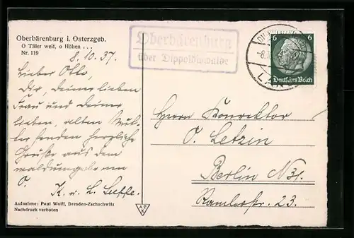 AK Landpoststempel Oberbärenburg über Dippoldiswalde
