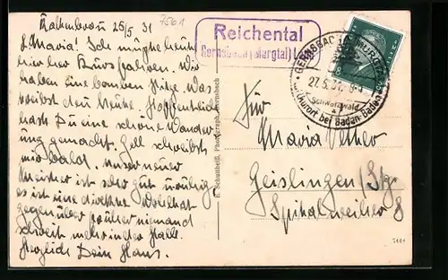 AK Landpoststempel Reichental Gernsbach (Murgtal) Land