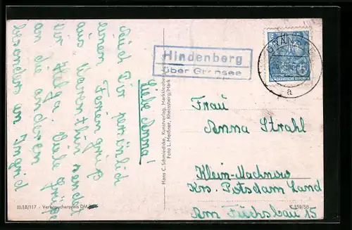 AK Landpoststempel Hindenberg über Gransee