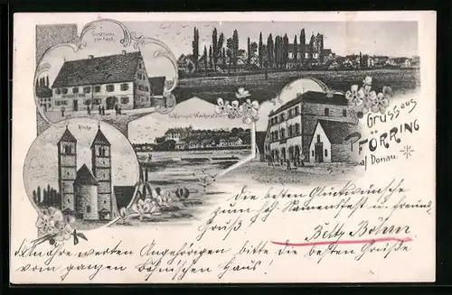 Lithographie Pförring a. D., Gasthaus zur Post, Schlossgut Wackerstein, Schul- und Rathaus