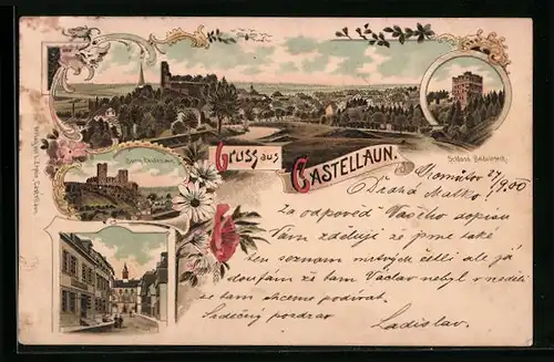 Lithographie Castellaun, Ortsansicht, Burg, Strasse