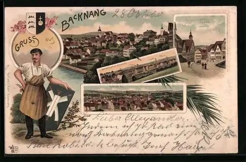 Lithographie Backnang, Teilansicht, Untere Au, Marktplatz mit Rathaus, Wappen