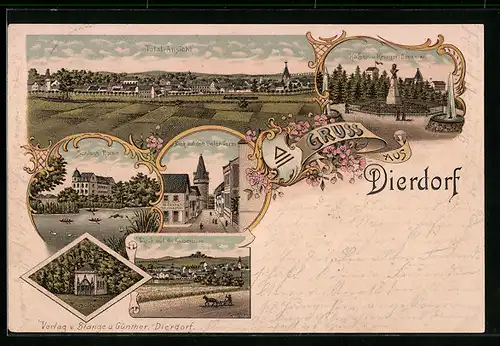 Lithographie Dierdorf, Gesamtansicht, Kaiser- u. Kriegerdenkmal, Blick auf den Unterturm, Schloss-Ruine, Mausoleum