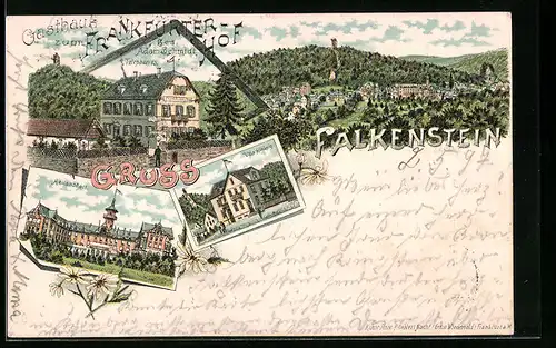 Lithographie Falkenstein, Gasthaus zum Frankfurter-Hof, Villa Altkönig, Heilanstalt