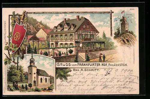 Lithographie Falkenstein, Gasthaus Frankfurter Hof, Ruine, Wappen, Kirche