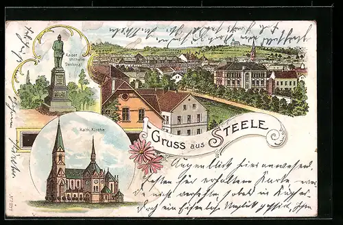 Lithographie Steele, Kaiser Wilhelm Denkmal, Kath. Kirche, Ortsansicht