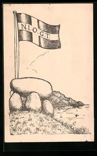 Künstler-AK Fahne der N. I. O. G. T. am Meer