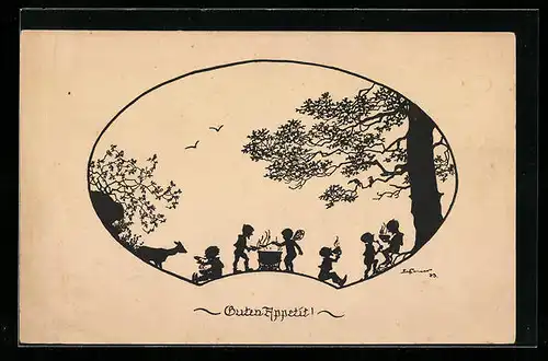 Künstler-AK Elsbeth Forck: Schattenbild, Zwerg und Elf an der Kochstelle