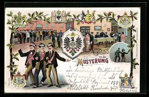 AK Gruss von der Musterung, Männer beim Messen, Feiernde