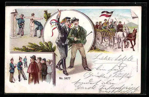 AK Gruss von der Musterung, Männer bei der Messung, Feiernde