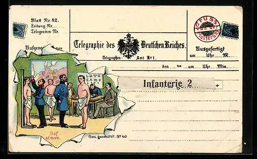 AK Gruss von der Musterung, Männer bei der Messung, Telegraphie des Deutschen Reiches