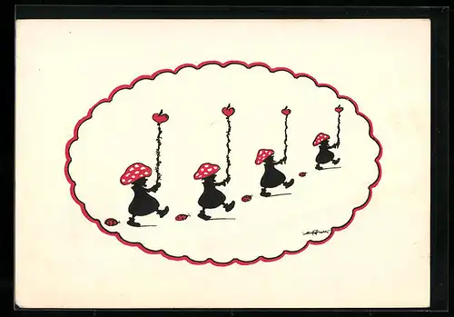 Künstler-AK Elsbeth Forck: Zwerge mit Fliegenpilzhüten beim Umzug