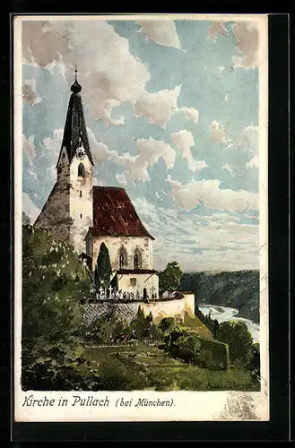 Künstler-AK Zeno Diemer: Pullach bei München, Kirche und Friedhof