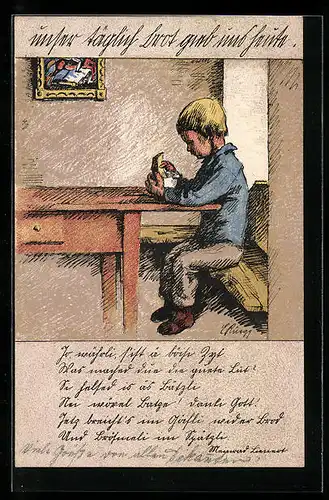 Künstler-AK Zürich, Kriegsnotunterstützung, Junge beim Essen am Tisch