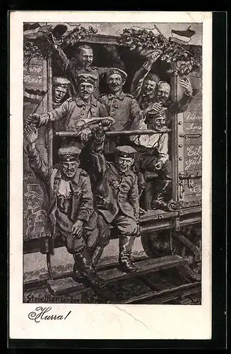 Künstler-AK sign. Strieffler: Soldaten in Uniform im Bahnwaggon