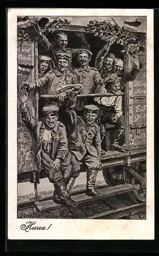 Künstler-AK sign. Strieffler: Soldaten in Uniform im Bahnwaggon