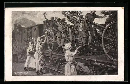 Künstler-AK sign.: Artillerie Transport, Geschütze auf dem Zug