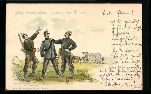 Lithographie Soldaten mit Feldarzt, 1. Weltkrieg