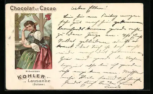 Lithographie Chocolat et Cacao, Nidwalden, Kohler Laussanne, Kakao, Frau in Tracht