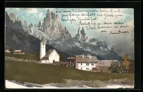 Künstler-AK Zeno Diemer: Ortsansicht mit Bergen