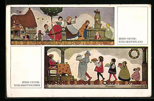 Künstler-AK sign.: Schlaraffenland, Schlaraffenleben