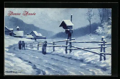 Künstler-AK A. Bertiglia: Ortspartie im Winter, Neujahrsgruss